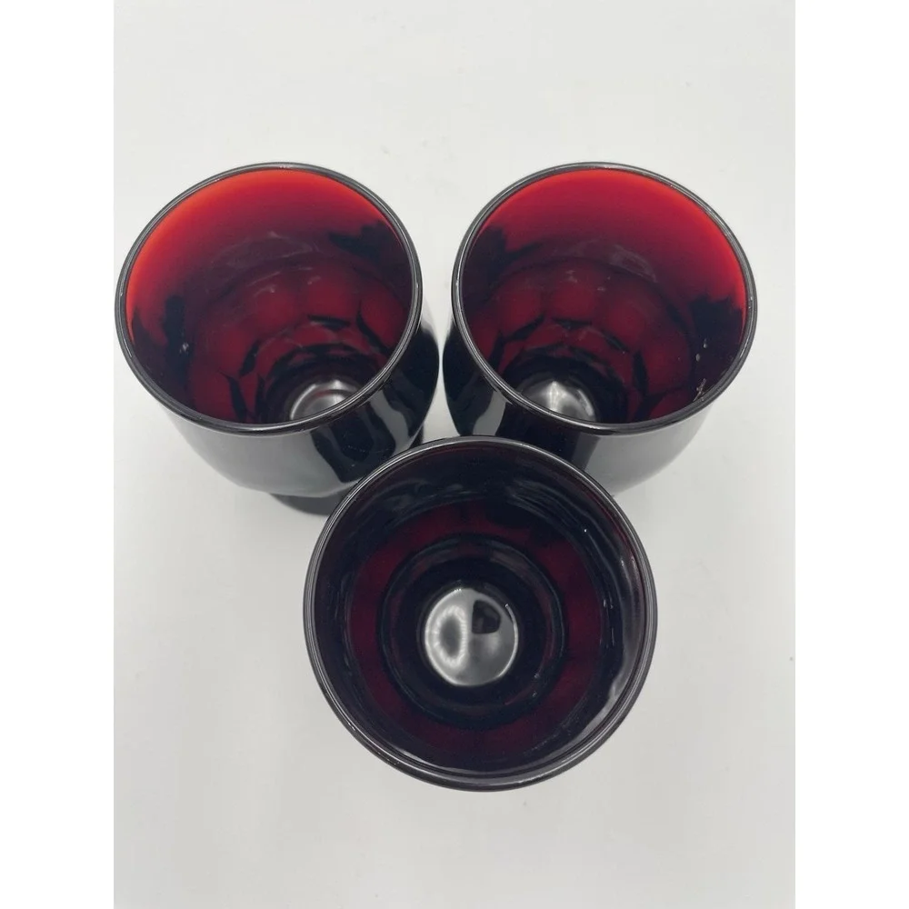 Vtg Set 3 Georgian Dark Ruby Red 8 oz Glass Glasses‎ Cups Drinking 4.25